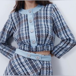 🆕Zara Blue White and Brown Tweed Denim Cropped Top in XL